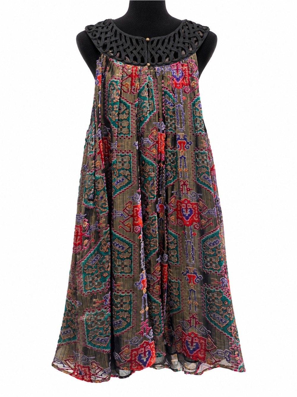 Moulinette Soeurs Multicolor Bohemian Print Mini Dress with Black Crochet Yoke